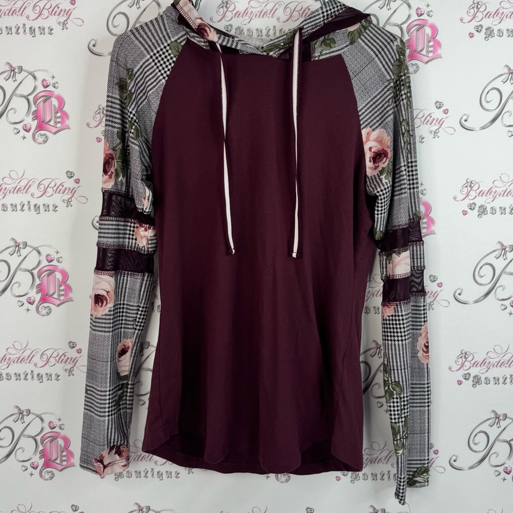 Ultra Flirt hoodie long sleeves roses flowers Burgundy Floral Plaid Hoodie